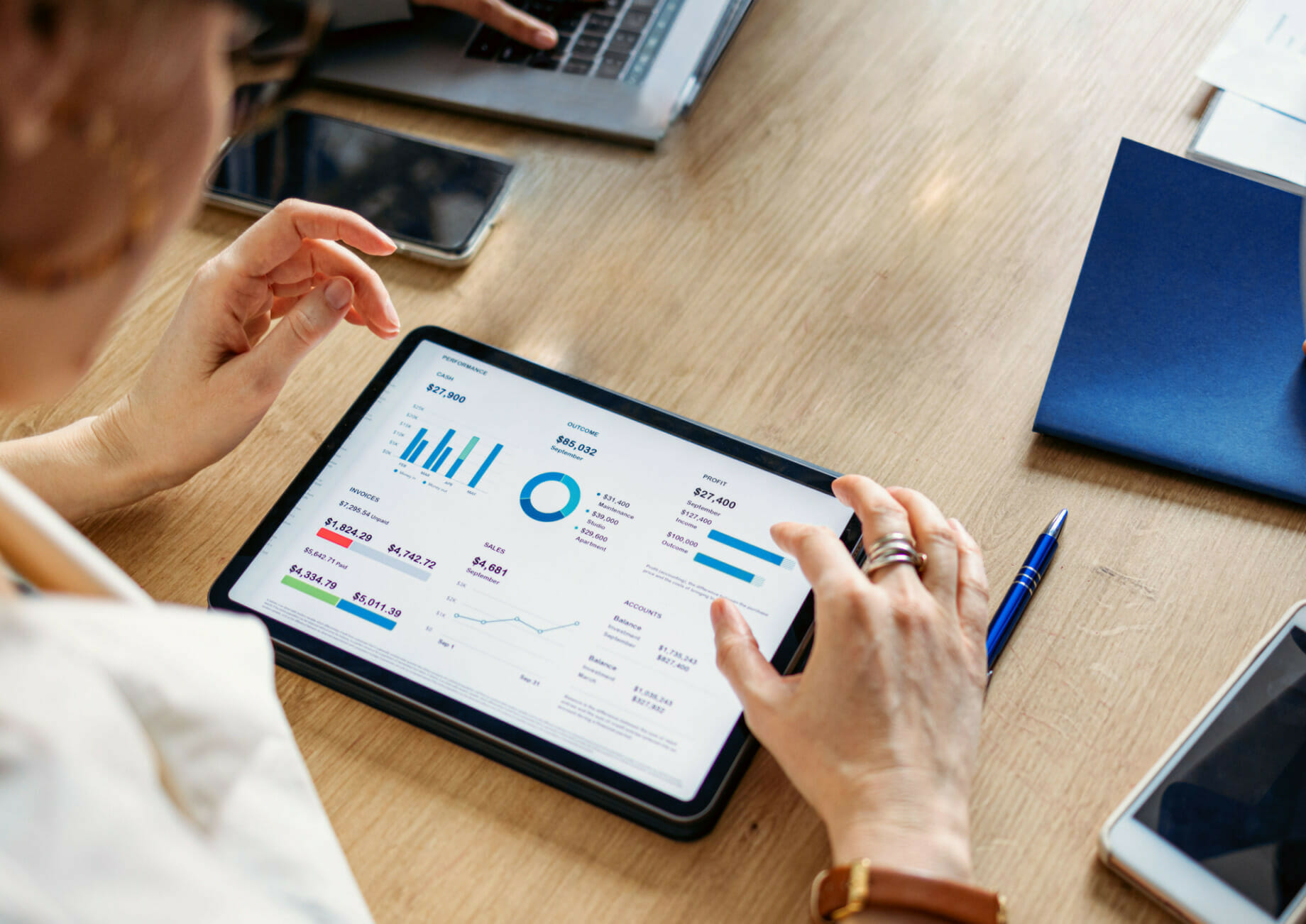 woman looking at graphs on a tablet